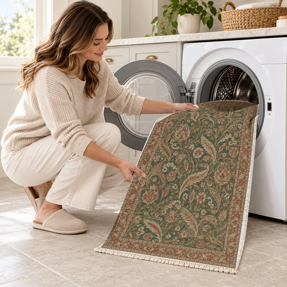 Saz Court Clay & Sage washable rug being loaded into a washing machine