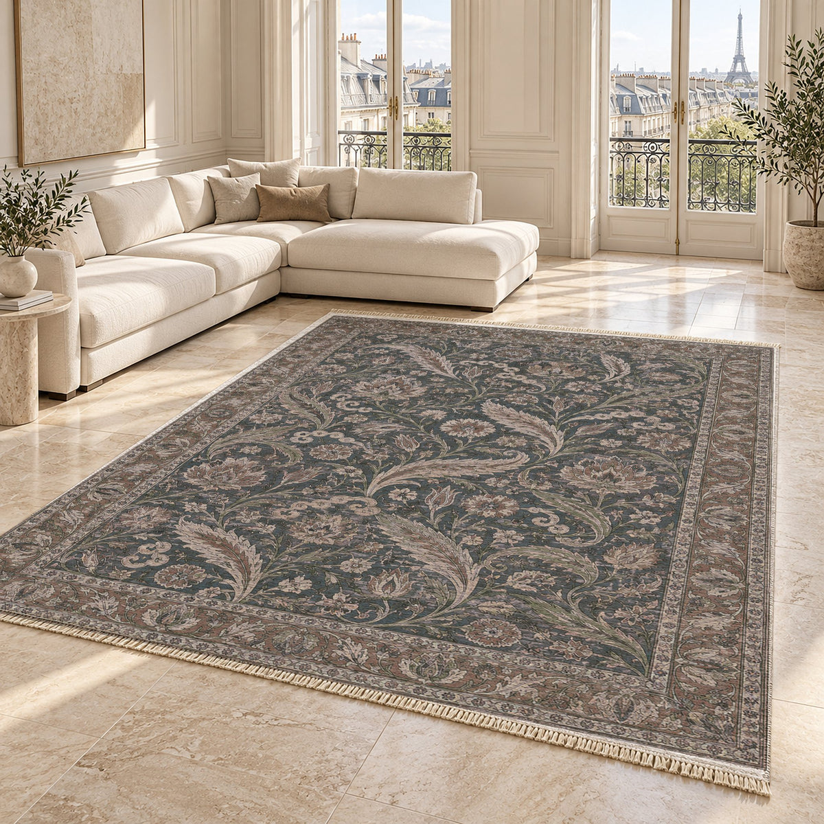 Saz Court Graphite & Linen washable rug angled room view on marble