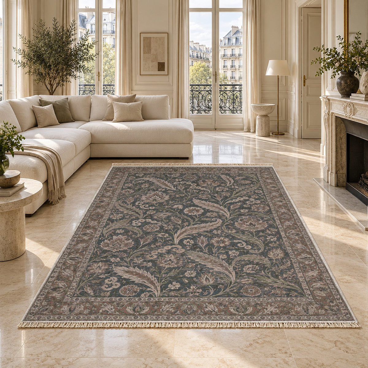 Saz Court Graphite & Linen washable rug on a marble floor