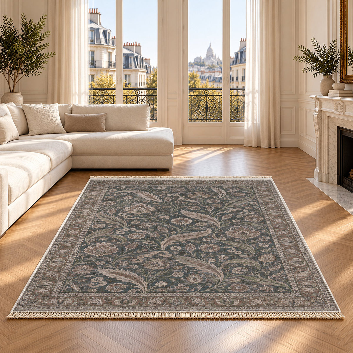 Saz Court Graphite & Linen washable rug on an oak floor