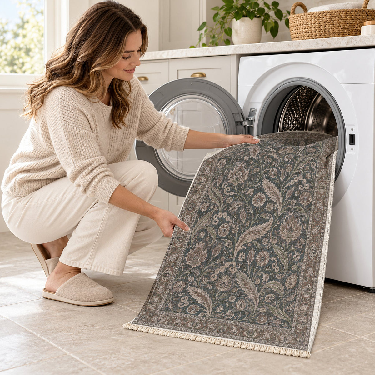 Saz Court Graphite & Linen washable rug being loaded into a washing machine