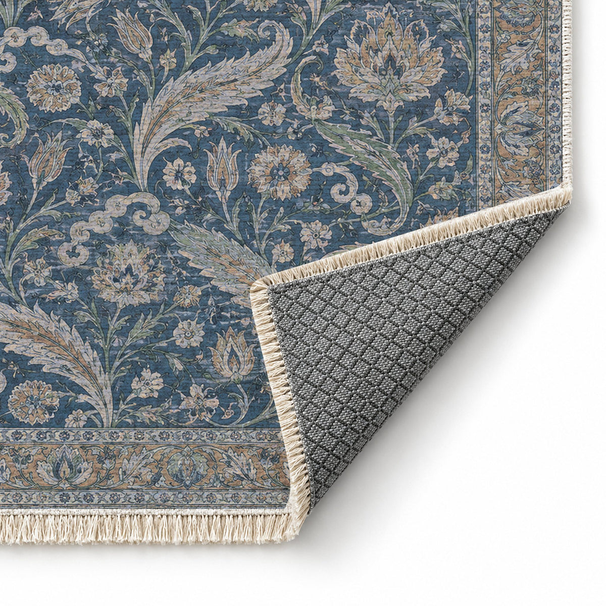 Saz Court Mineral Blue washable rug folded corner showing the backing