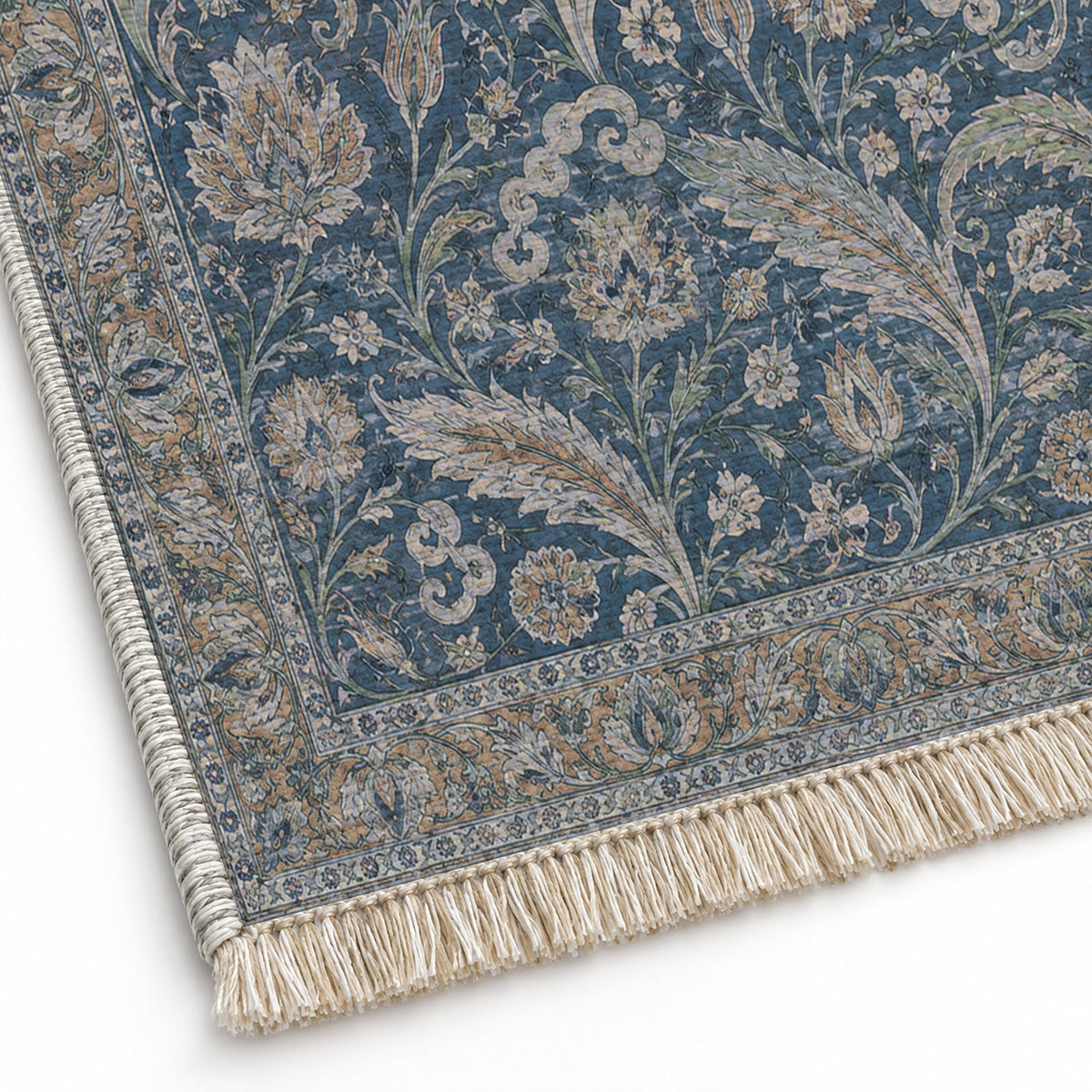 Saz Court Mineral Blue washable rug close-up of the printed chenille