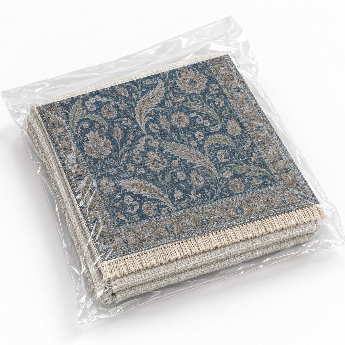 Saz Court Mineral Blue washable rug rolled and packaged