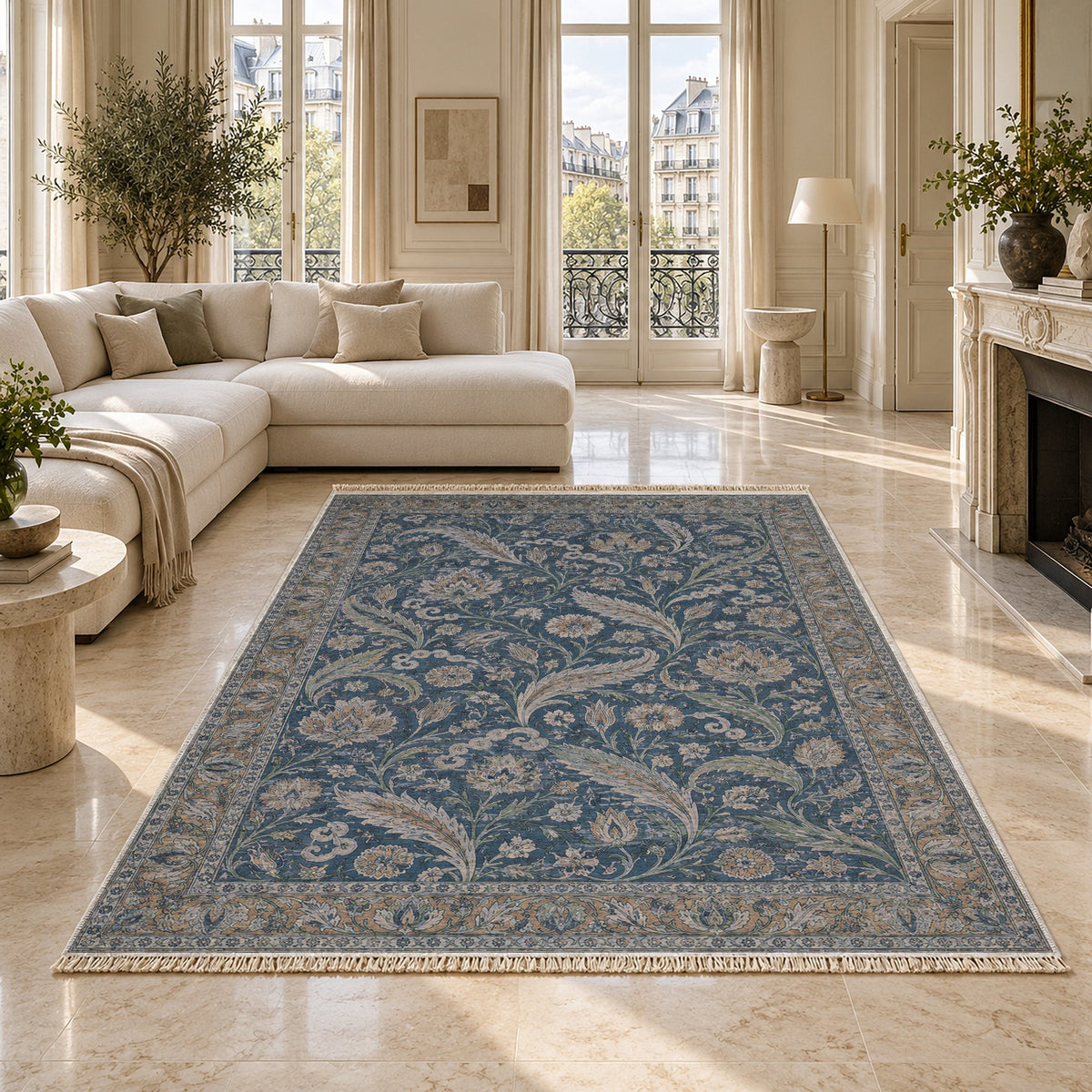 Saz Court Mineral Blue washable rug on a marble floor