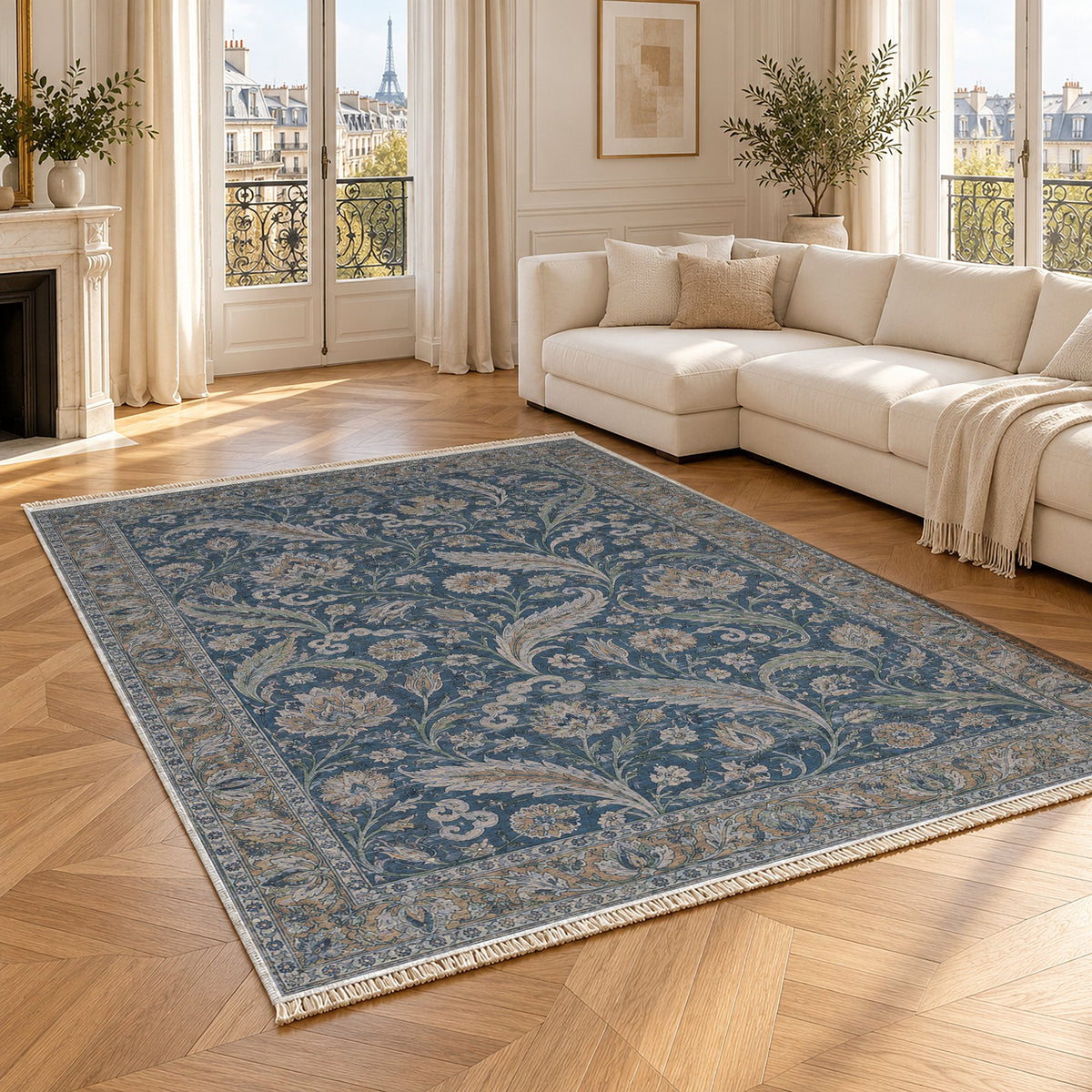 Saz Court Mineral Blue washable rug angled room view