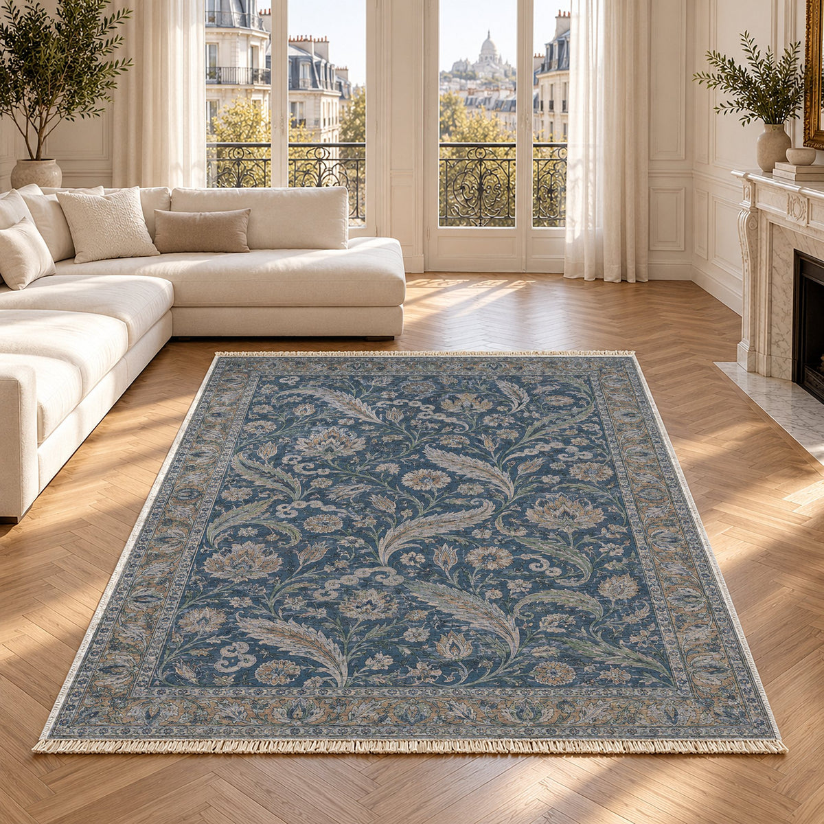 Saz Court Mineral Blue washable rug in a Paris living room