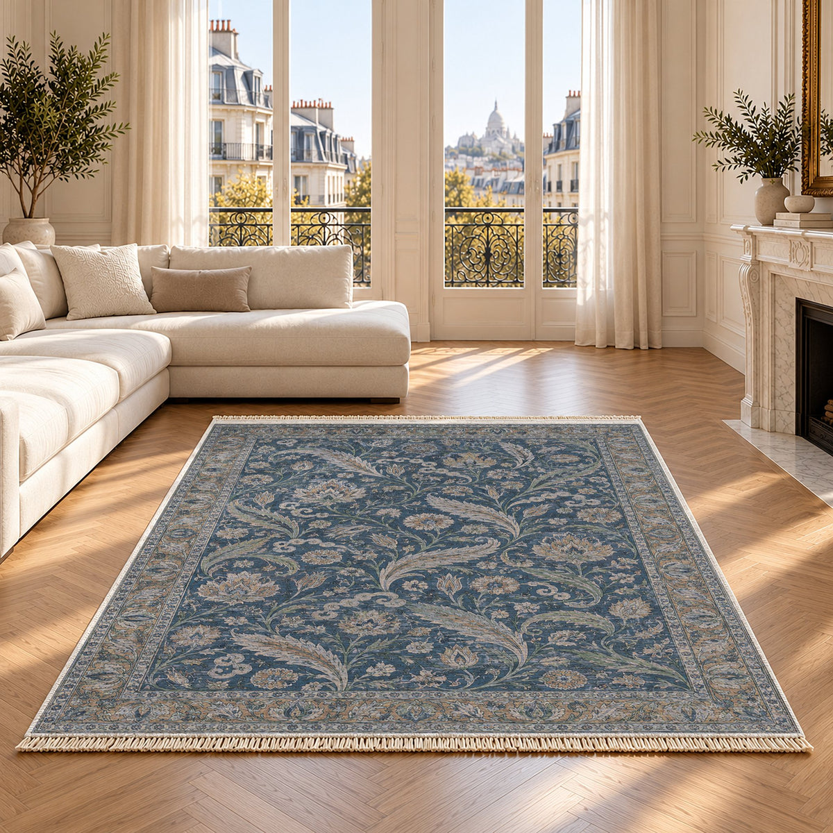 Saz Court Mineral Blue washable rug on an oak floor