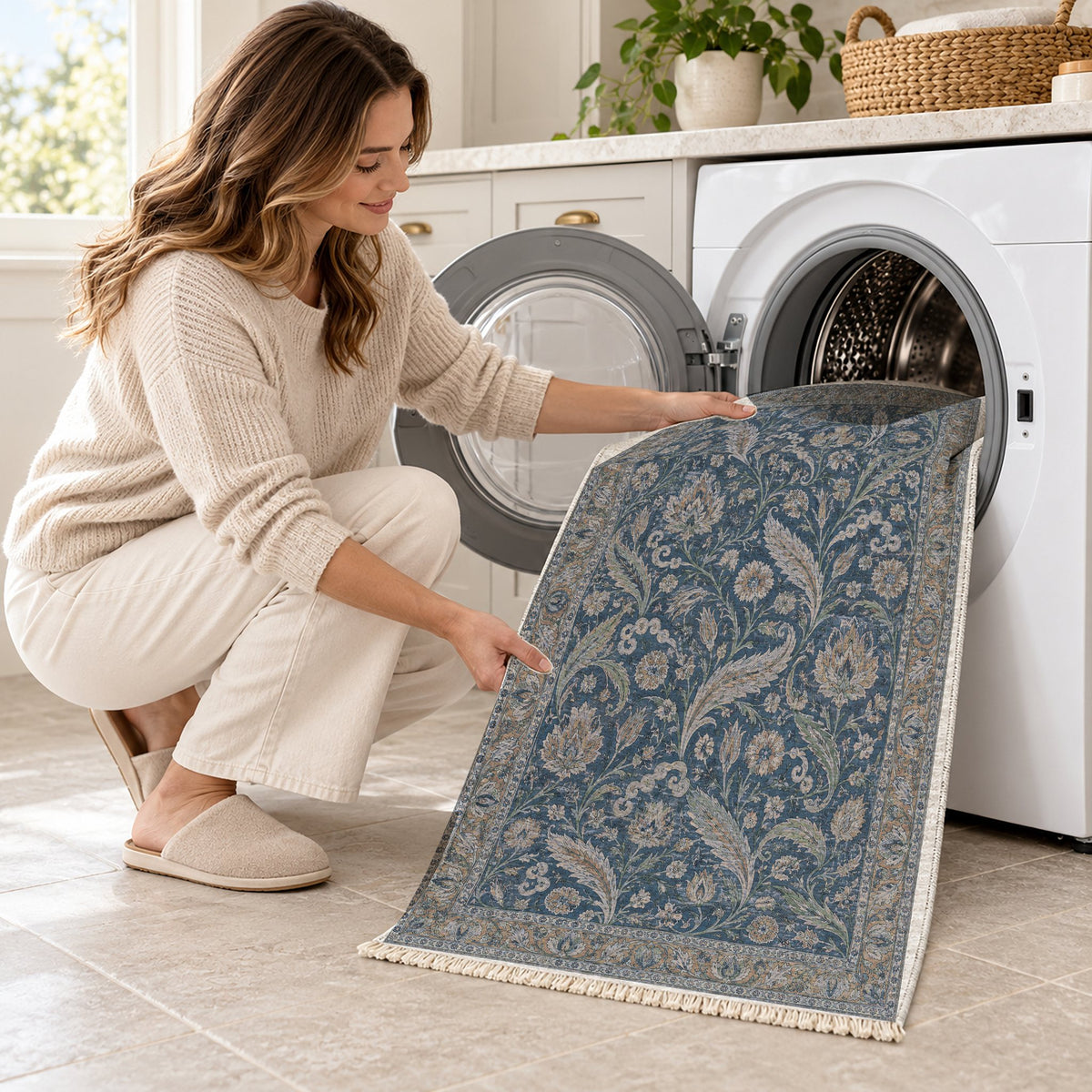 Saz Court Mineral Blue washable rug being loaded into a washing machine