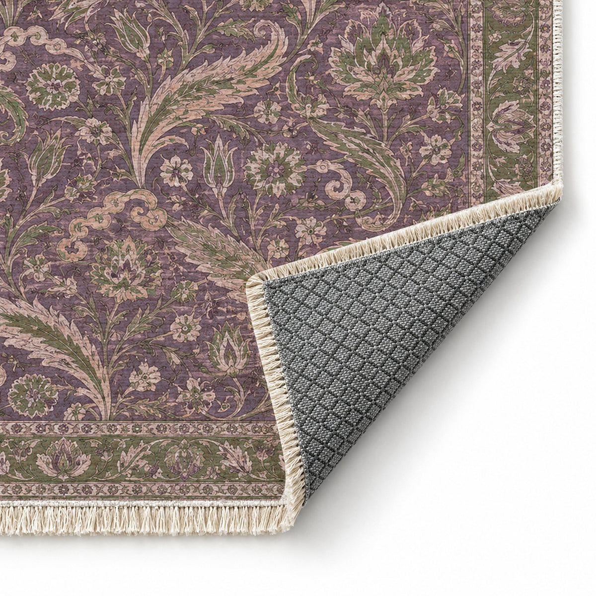 Saz Court Rose & Olive washable rug folded corner showing the backing