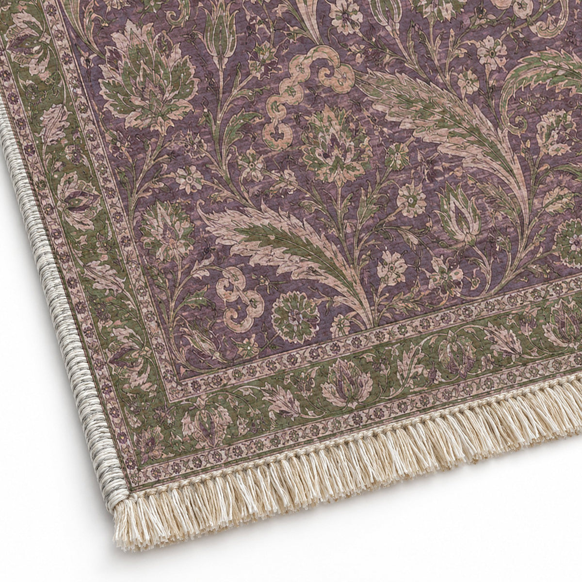 Saz Court Rose & Olive washable rug close-up of the printed chenille