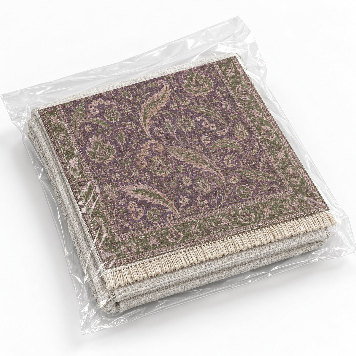 Saz Court Rose & Olive washable rug rolled and packaged