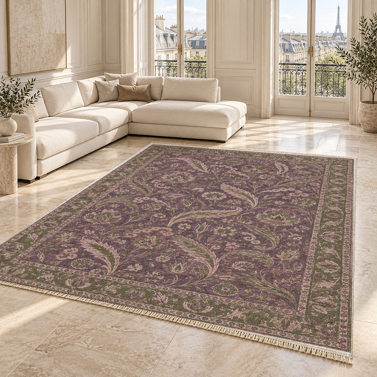 Saz Court Rose & Olive washable rug angled room view on marble