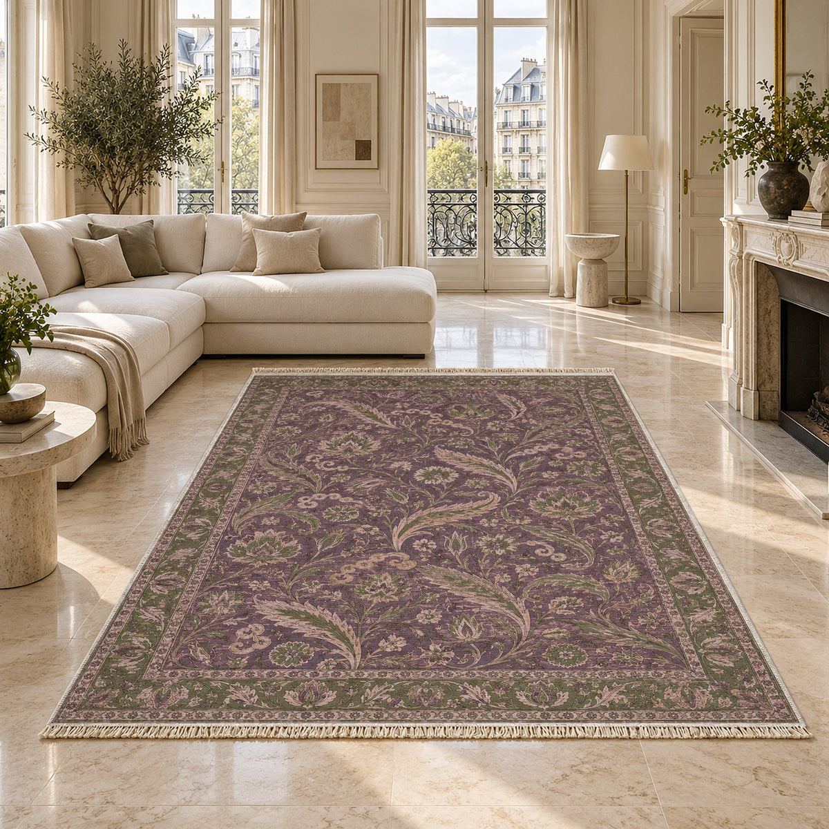 Saz Court Rose & Olive washable rug on a marble floor