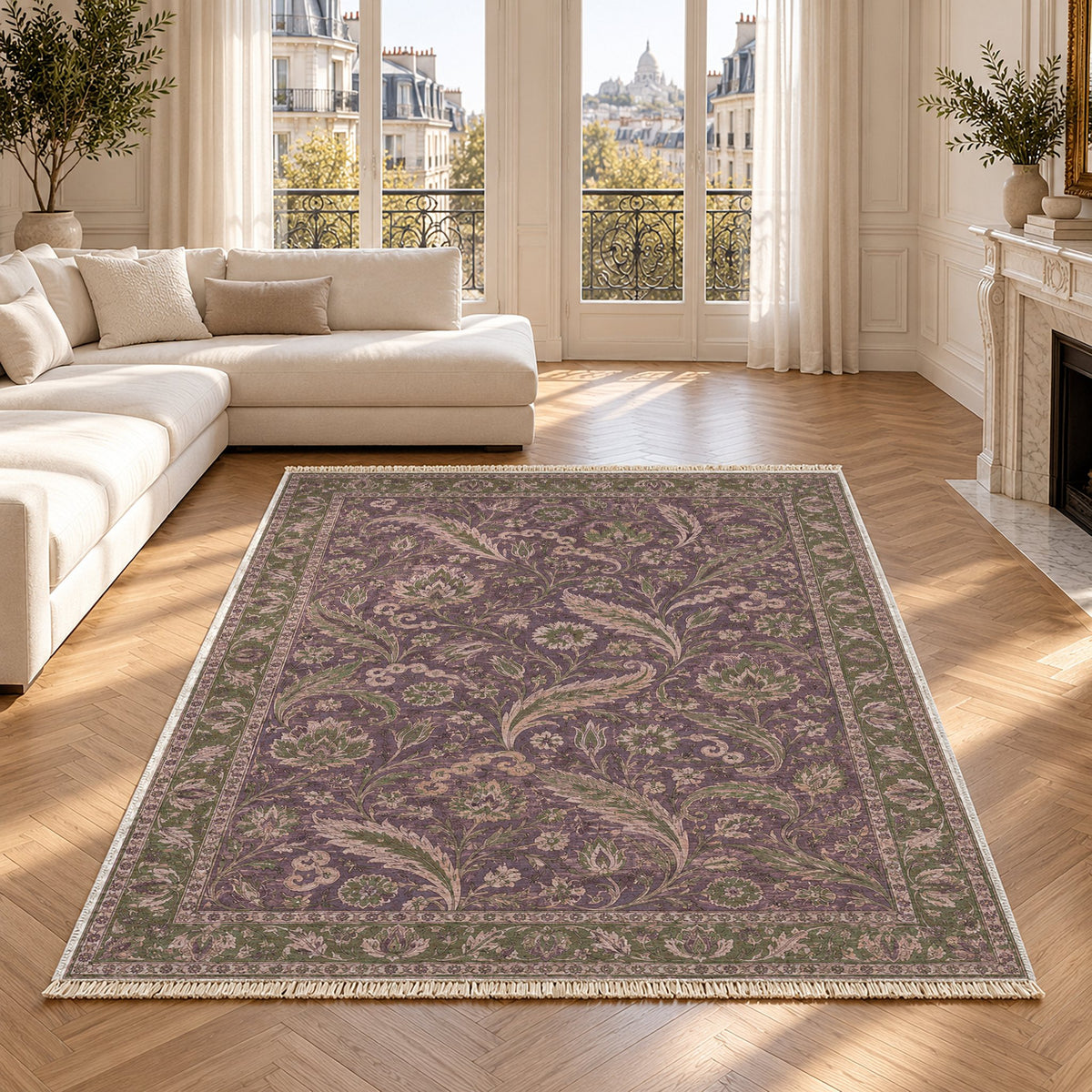 Saz Court Rose & Olive washable rug in a Paris living room