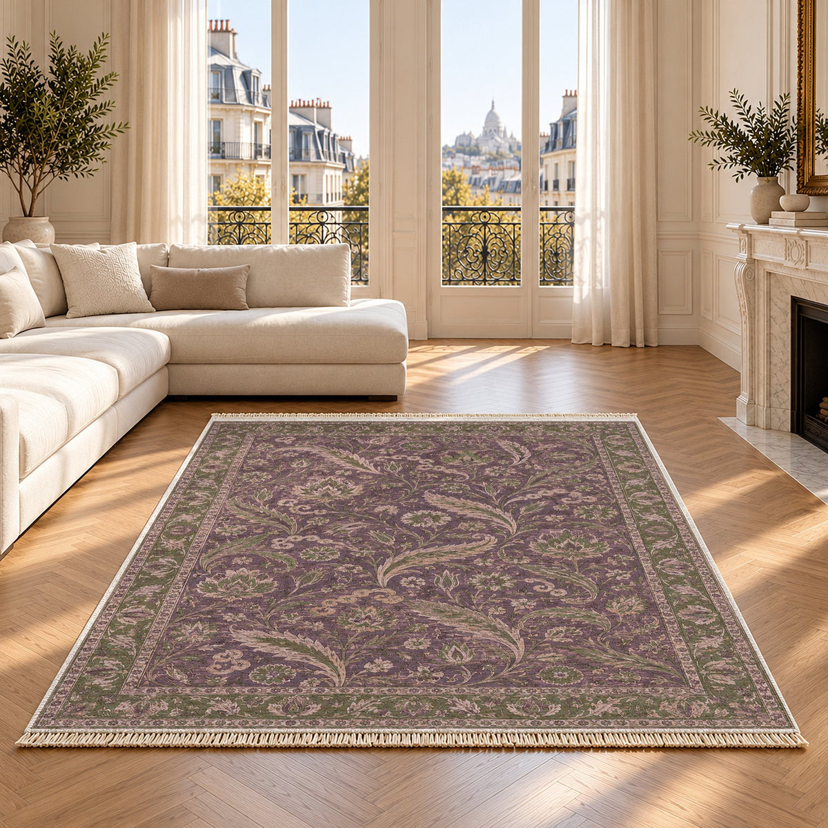 Saz Court Rose & Olive washable rug on an oak floor