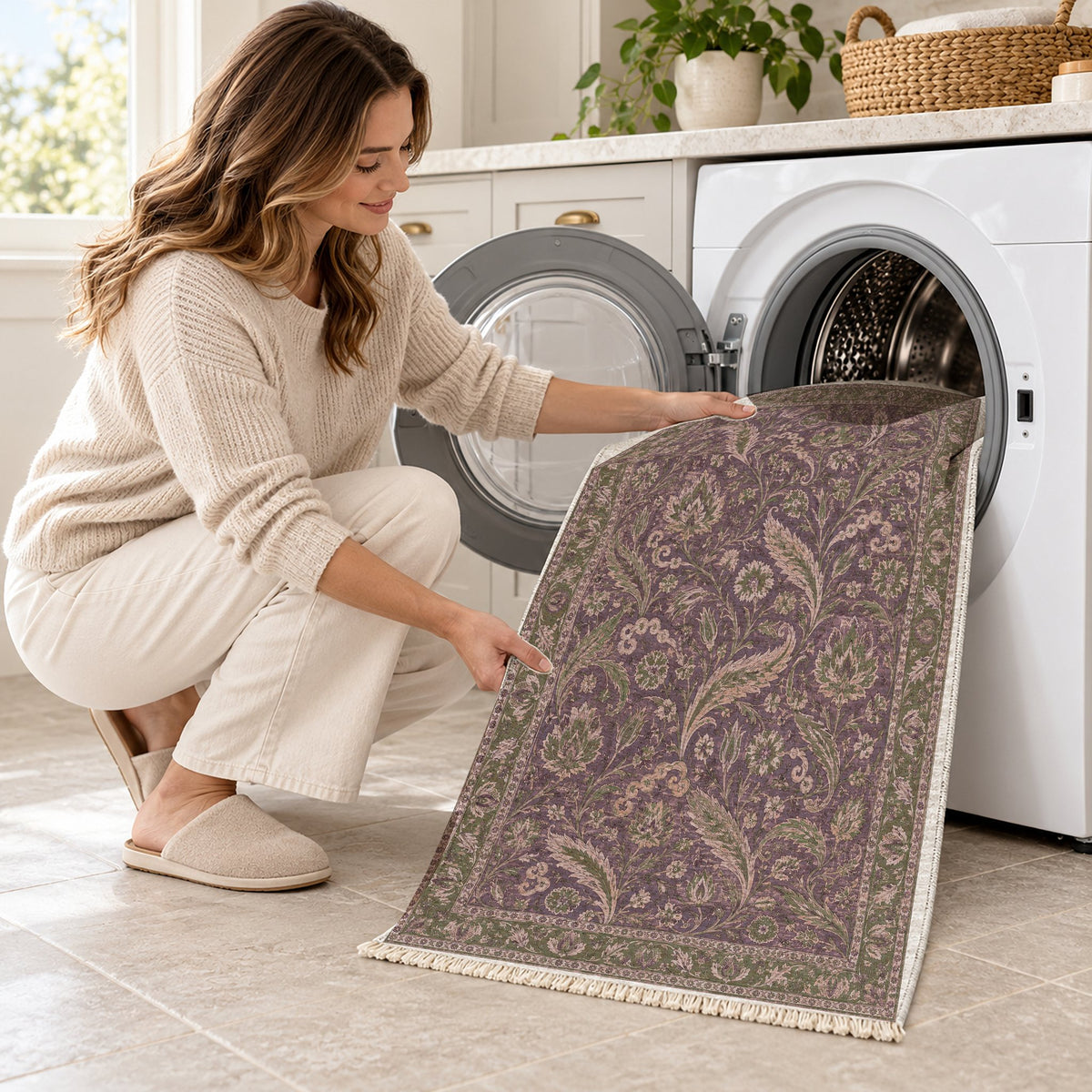 Saz Court Rose & Olive washable rug being loaded into a washing machine