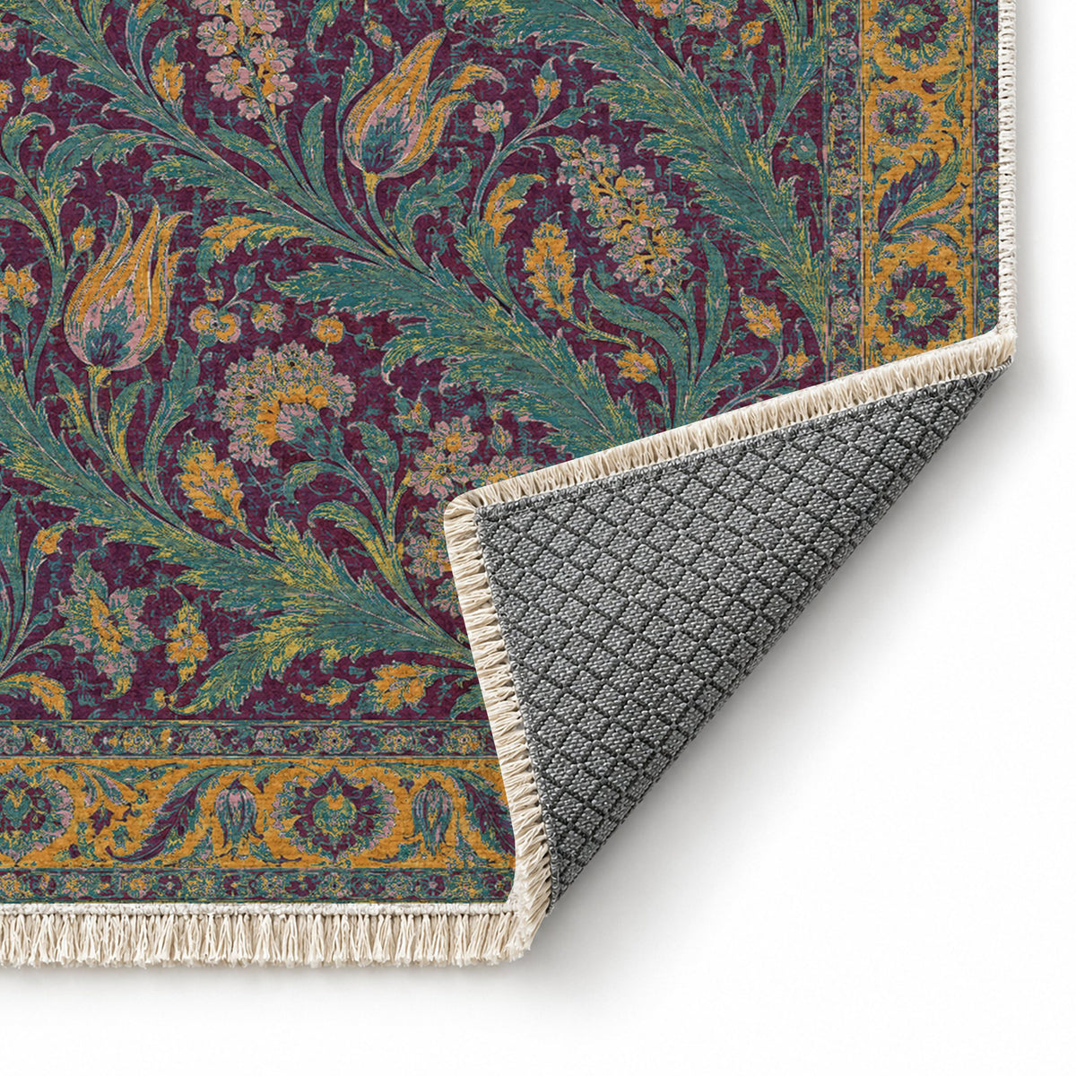 Saz Gallery Burgundy & Teal washable rug folded corner showing the backing
