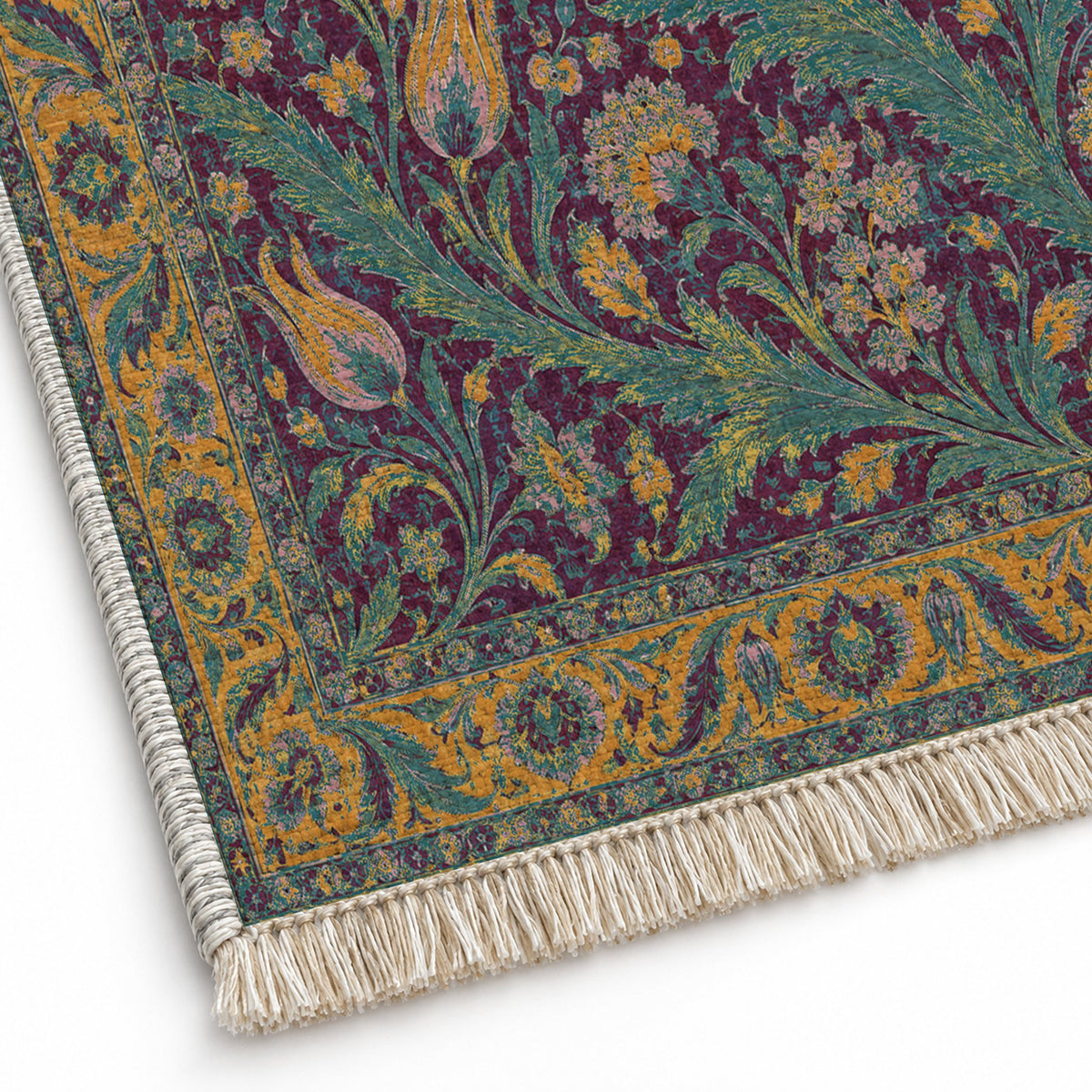 Saz Gallery Burgundy & Teal washable rug close-up of the printed chenille