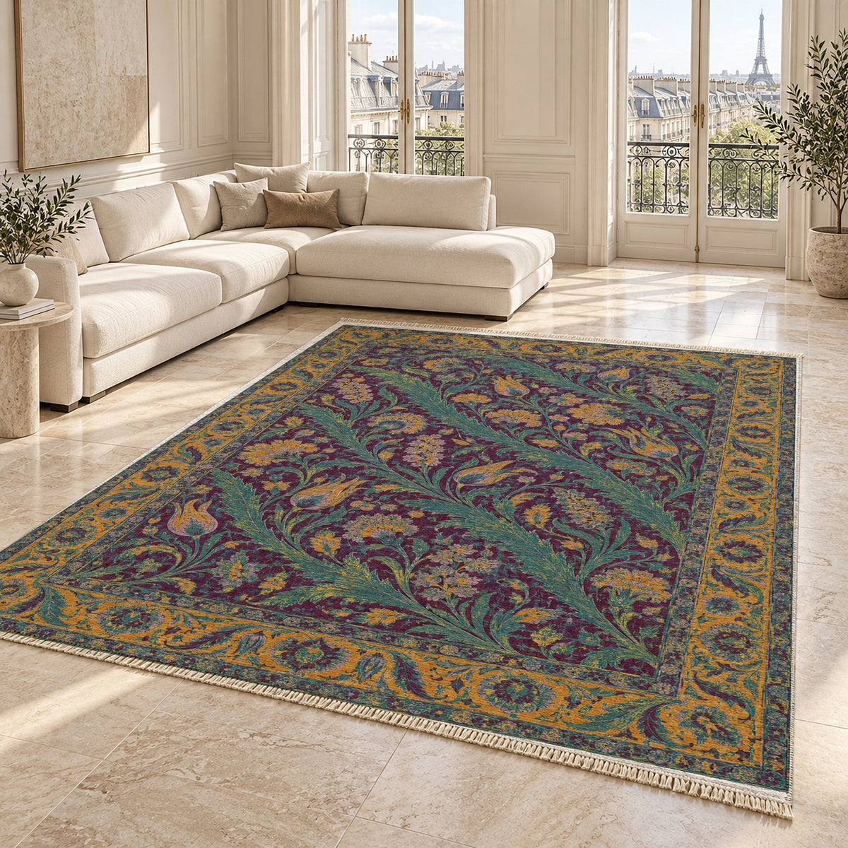 Saz Gallery Burgundy & Teal washable rug angled room view on marble