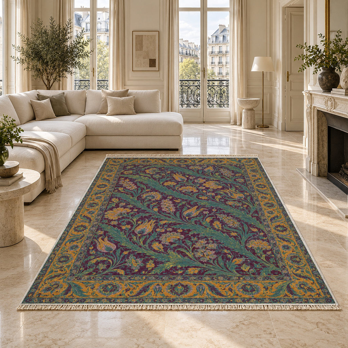 Saz Gallery Burgundy & Teal washable rug on a marble floor