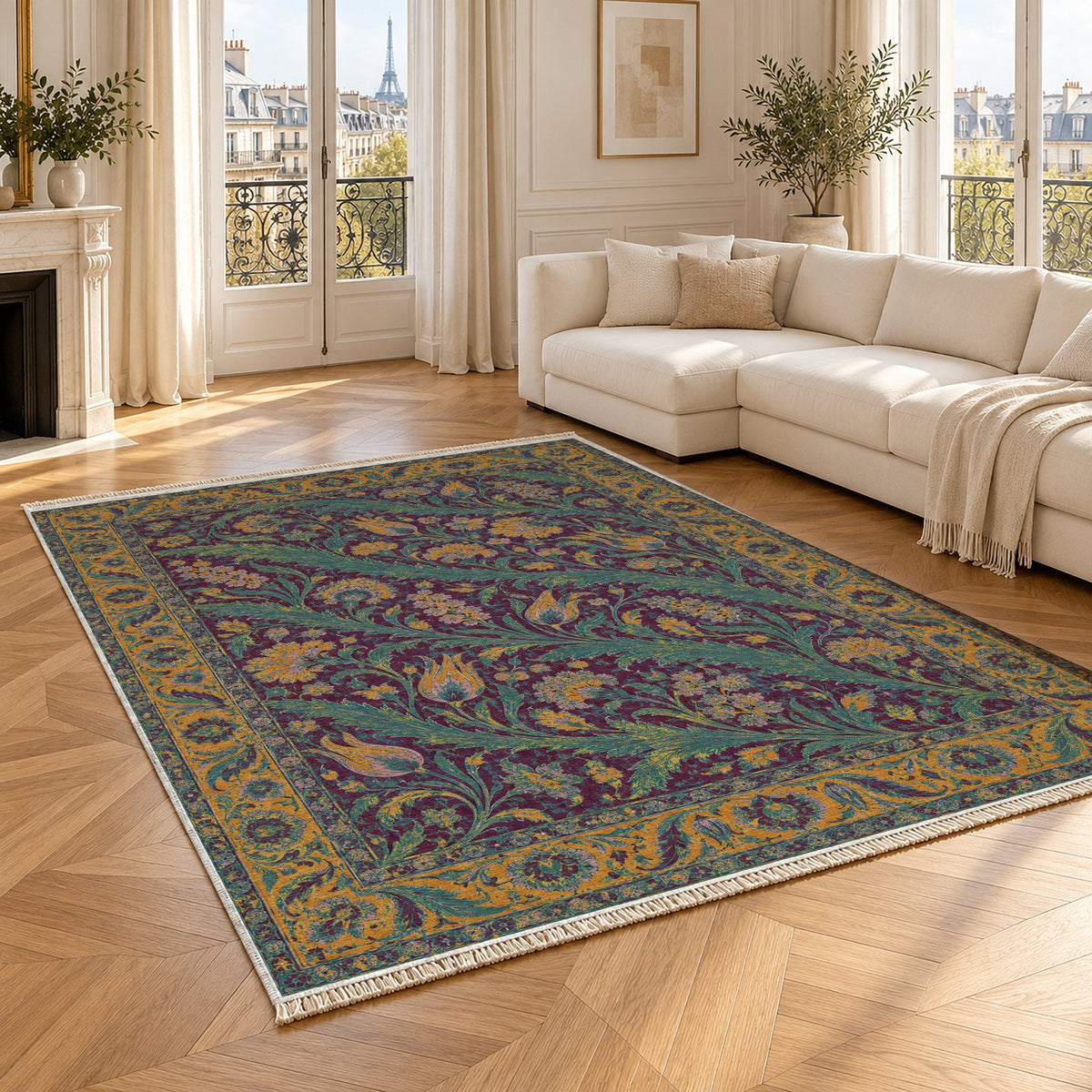 Saz Gallery Burgundy & Teal washable rug angled room view