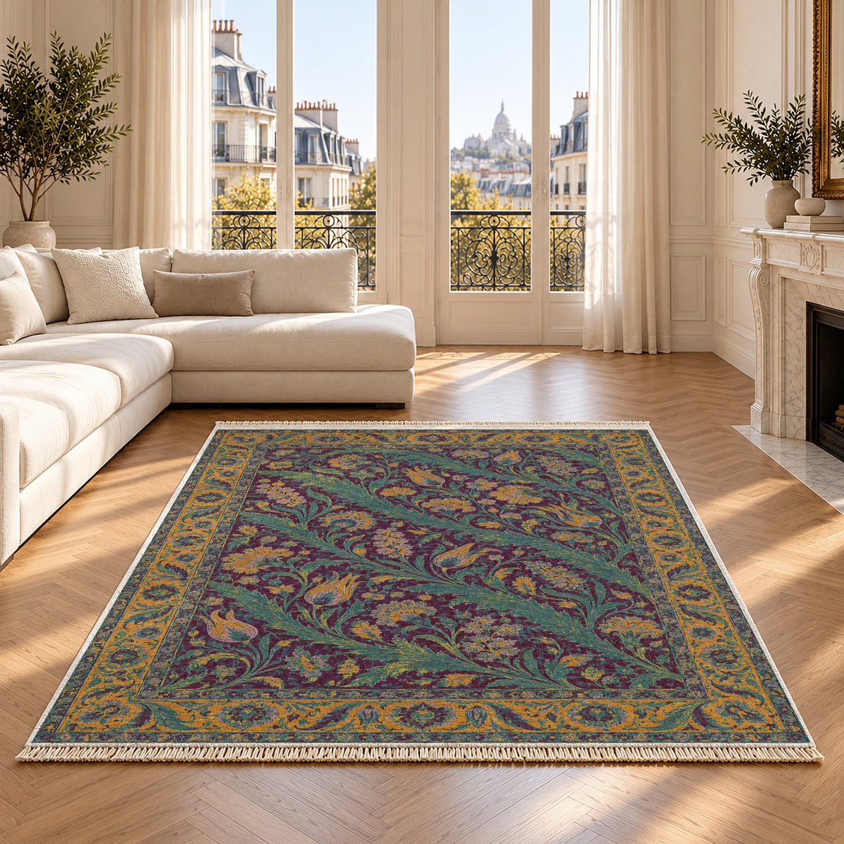 Saz Gallery Burgundy & Teal washable rug on an oak floor