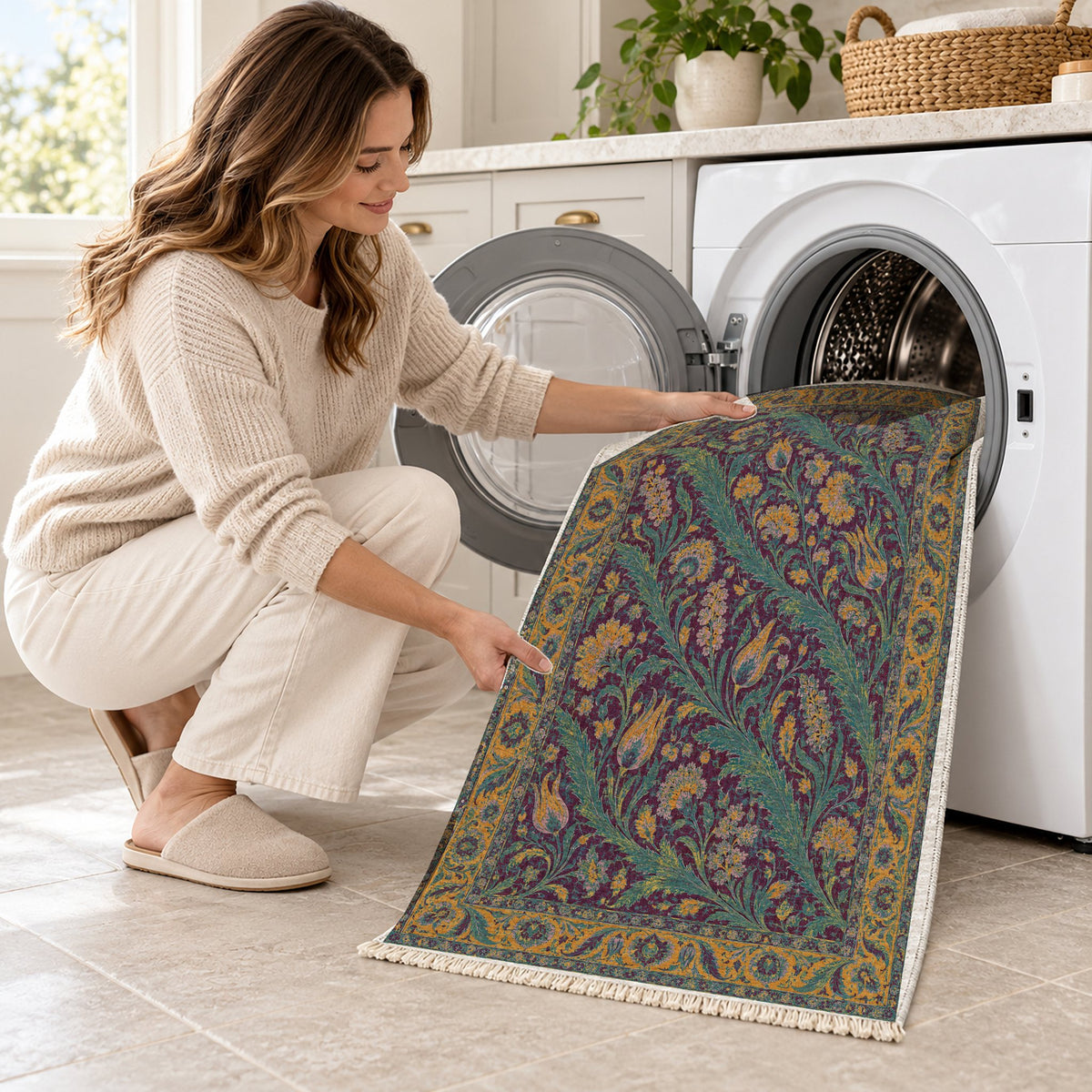 Saz Gallery Burgundy & Teal washable rug being loaded into a washing machine