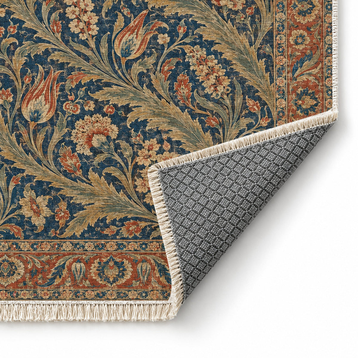 Saz Gallery Indigo & Rust washable rug folded corner showing the backing