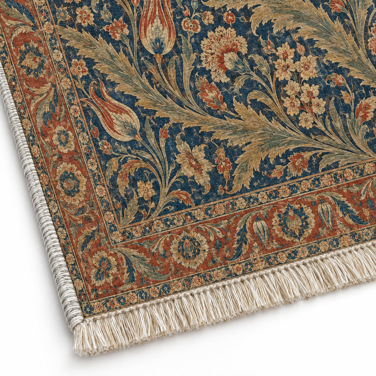 Saz Gallery Indigo & Rust washable rug close-up of the printed chenille