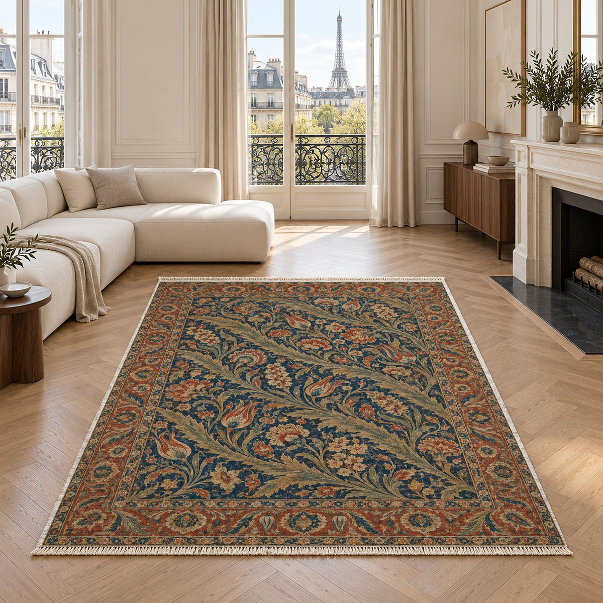 Saz Gallery Indigo & Rust washable rug in a living room with an Eiffel Tower view