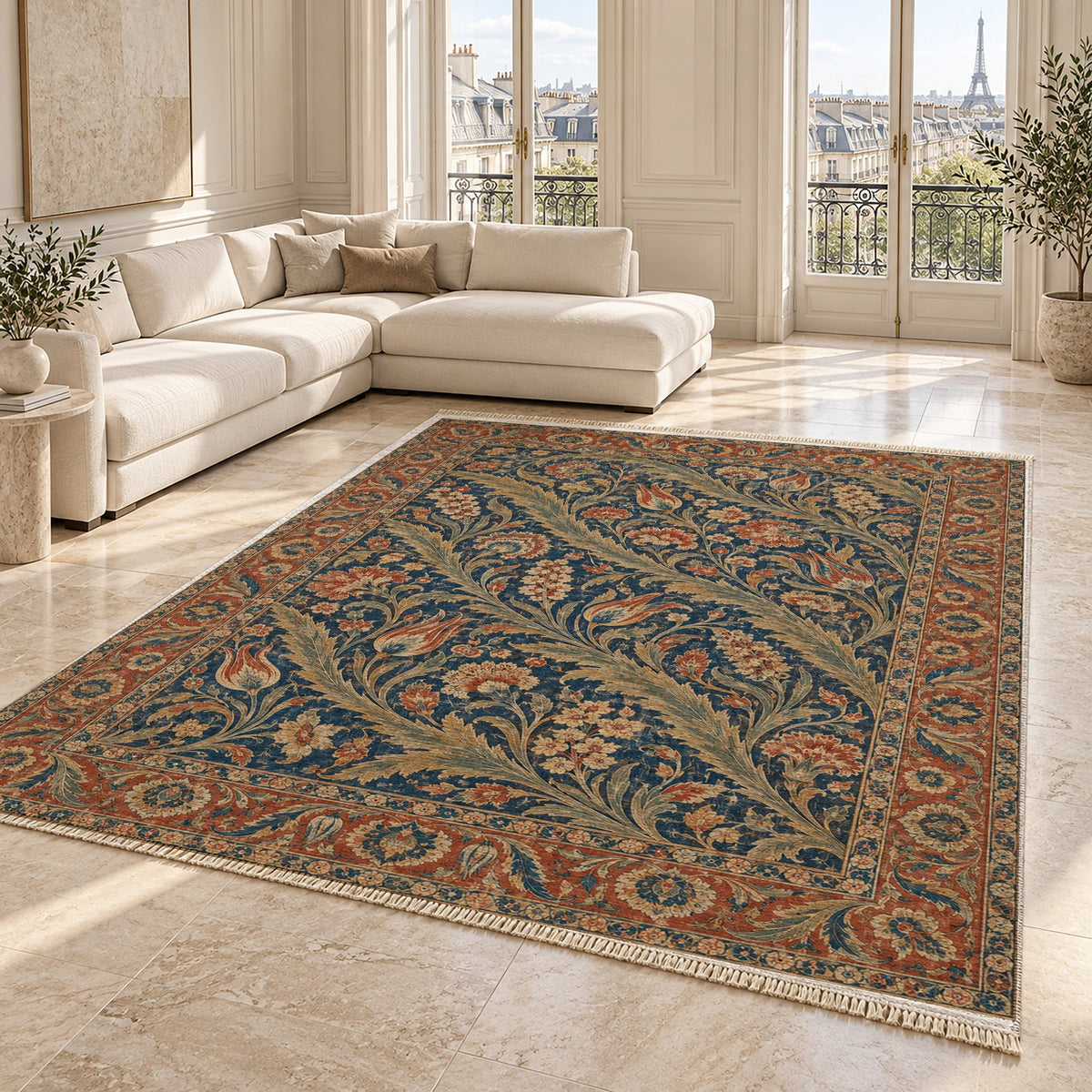 Saz Gallery Indigo & Rust washable rug angled room view on marble