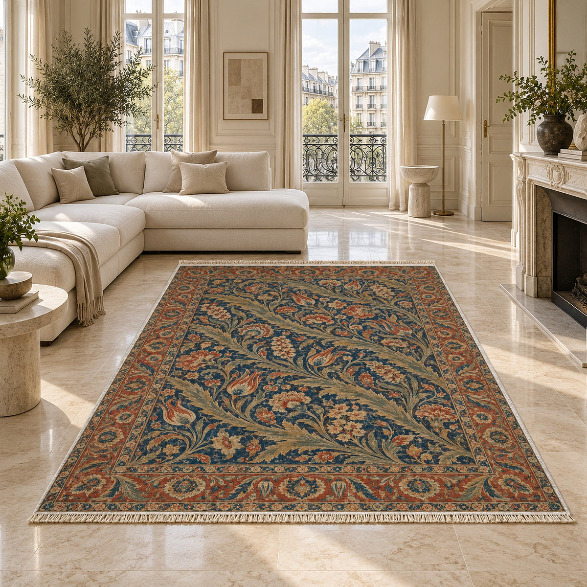 Saz Gallery Indigo & Rust washable rug on a marble floor