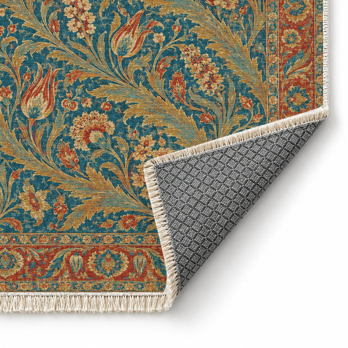 Saz Gallery Peacock & Ochre washable rug folded corner showing the backing