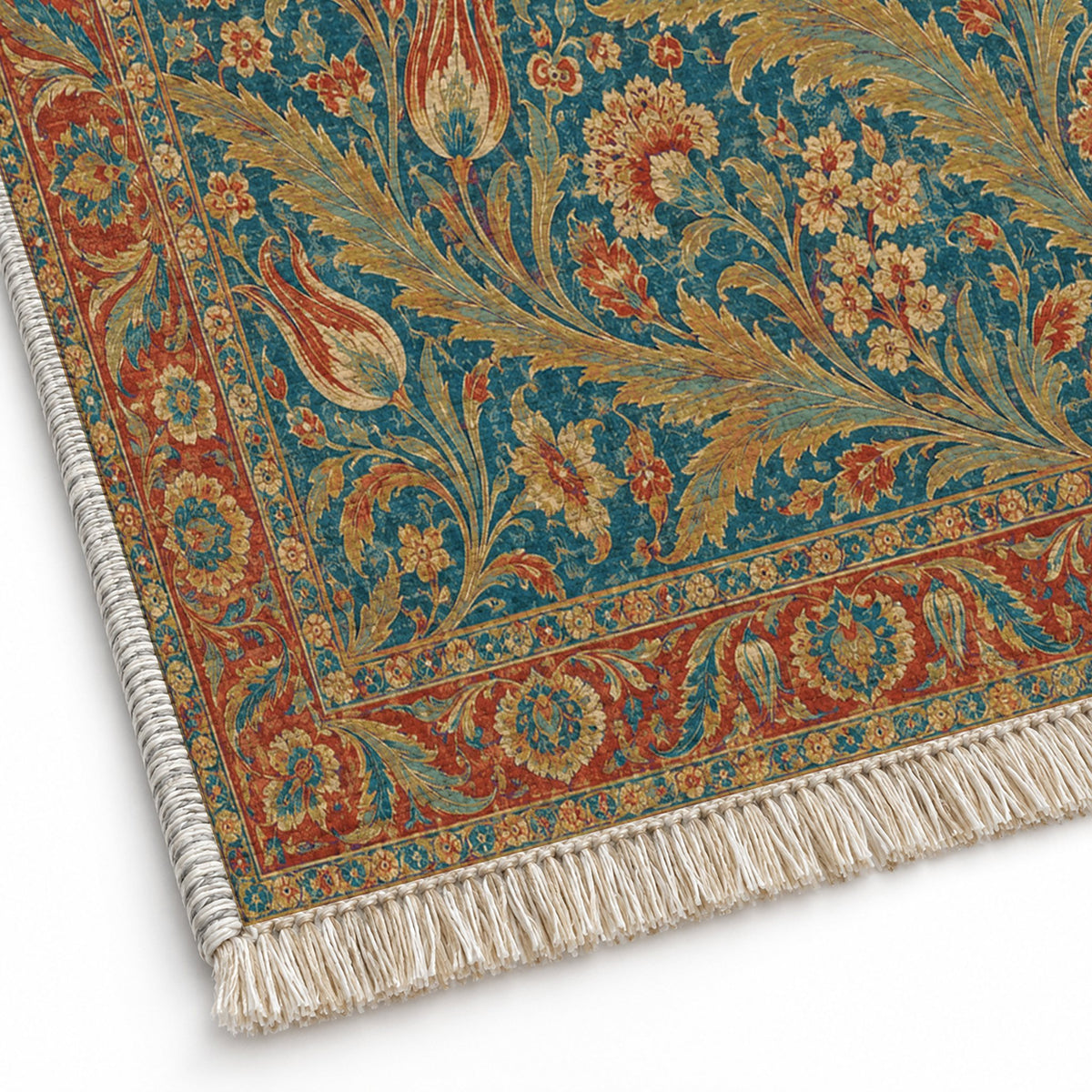Saz Gallery Peacock & Ochre washable rug close-up of the printed chenille