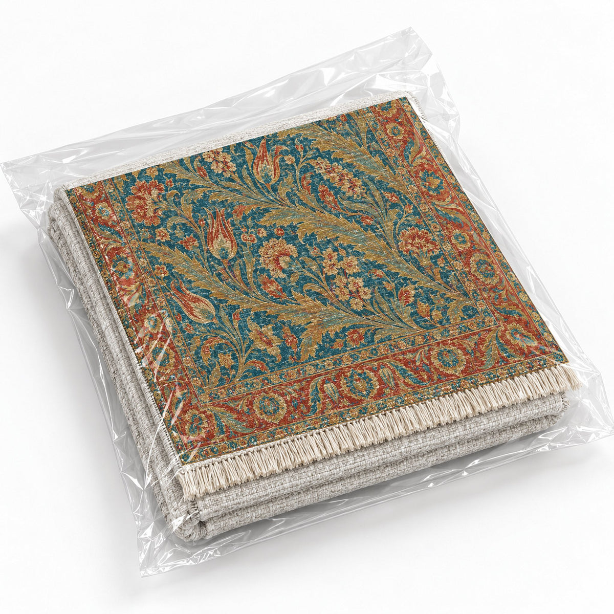 Saz Gallery Peacock & Ochre washable rug rolled and packaged
