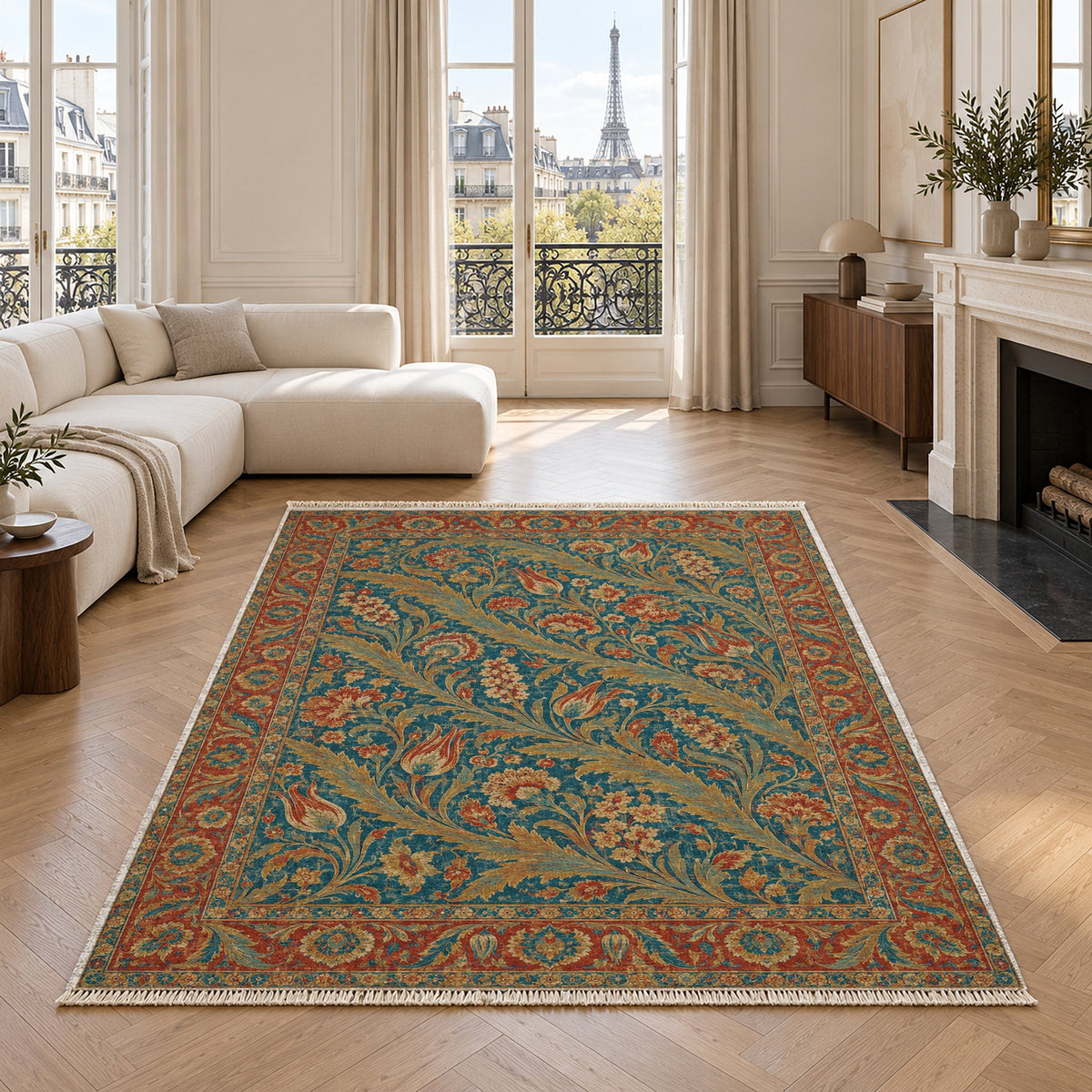 Saz Gallery Peacock & Ochre washable rug in a living room with an Eiffel Tower view