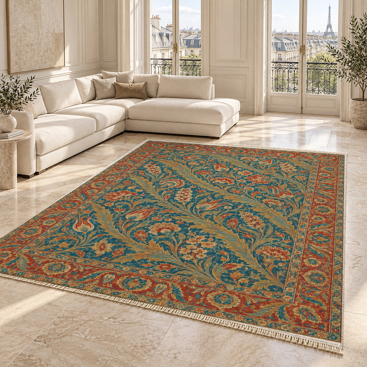 Saz Gallery Peacock & Ochre washable rug angled room view on marble