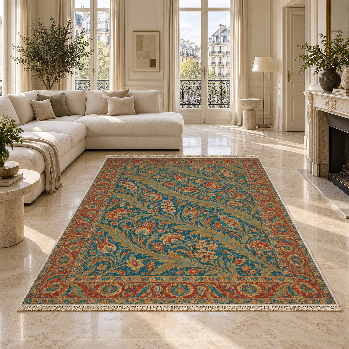 Saz Gallery Peacock & Ochre washable rug on a marble floor