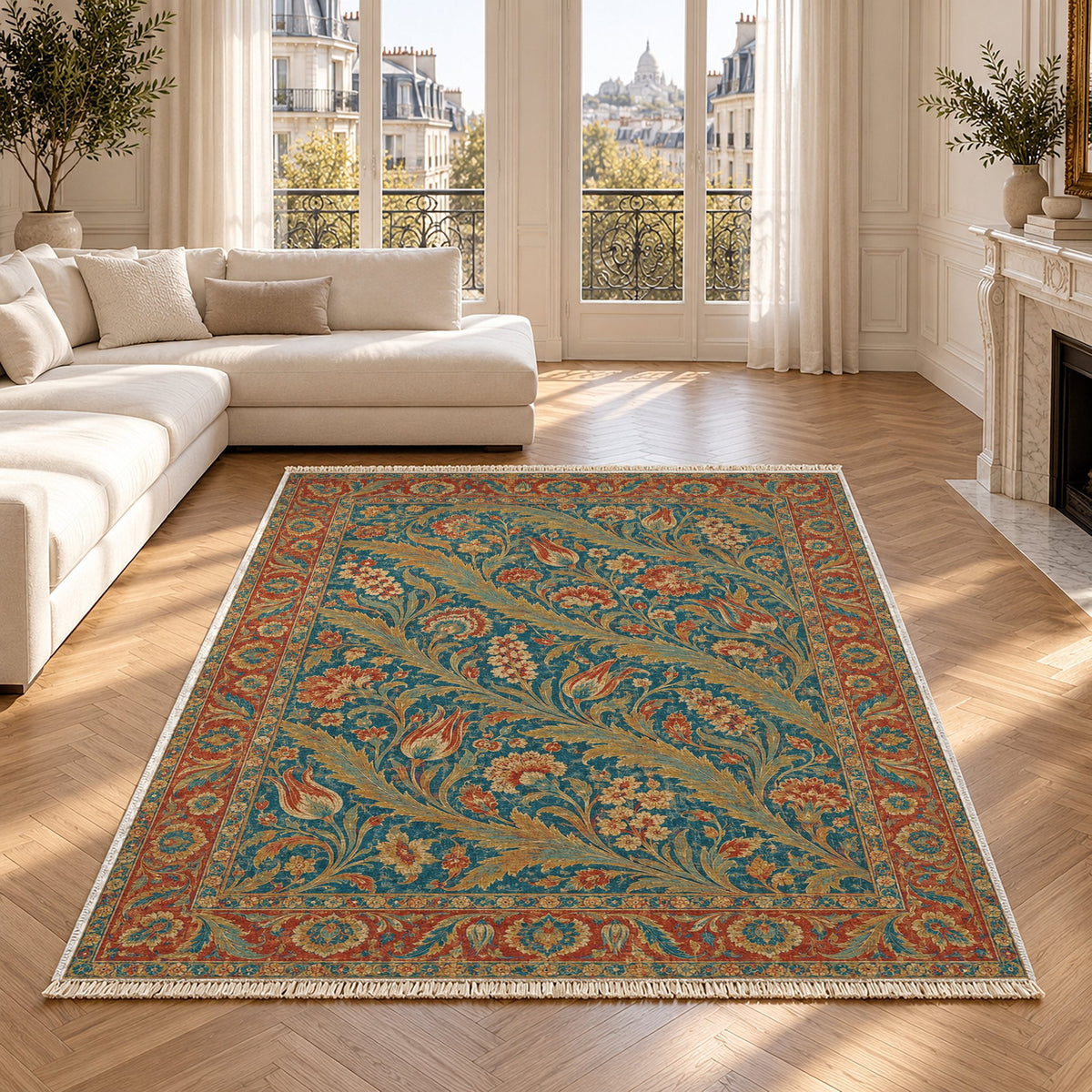Saz Gallery Peacock & Ochre washable rug in a Paris living room