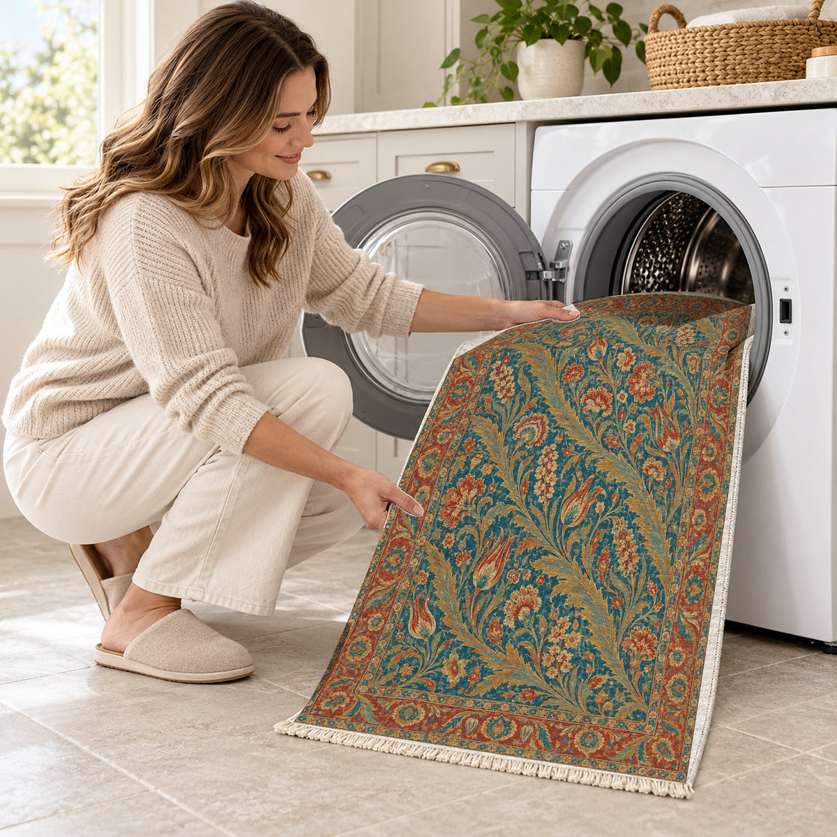 Saz Gallery Peacock & Ochre washable rug being loaded into a washing machine
