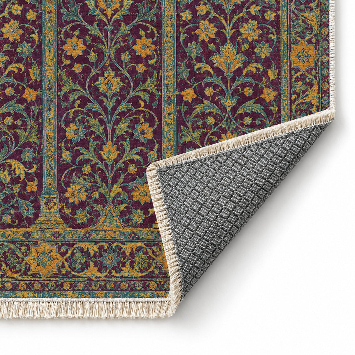 Scalloped Arcade Burgundy & Teal washable rug folded corner showing the backing