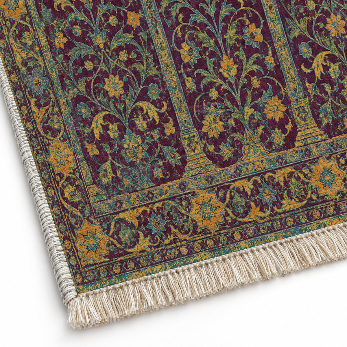 Scalloped Arcade Burgundy & Teal washable rug close-up of the printed chenille