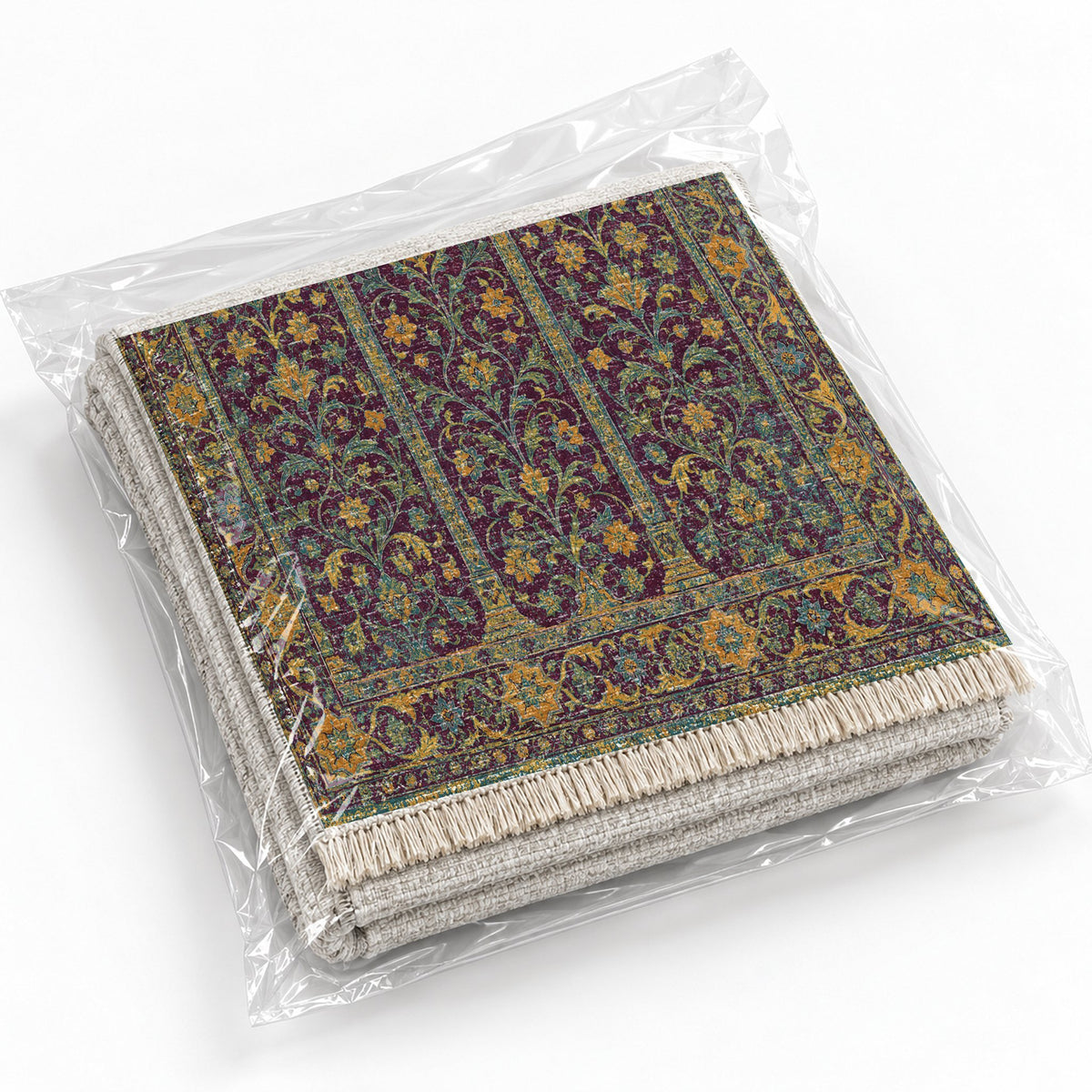 Scalloped Arcade Burgundy & Teal washable rug rolled and packaged