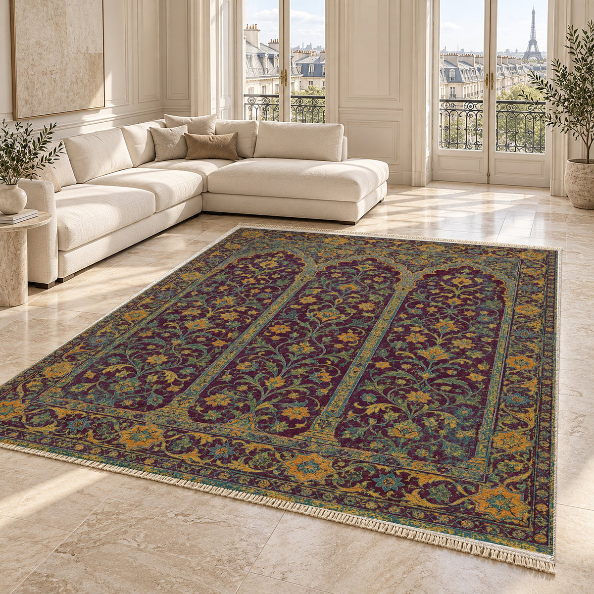 Scalloped Arcade Burgundy & Teal washable rug angled room view on marble