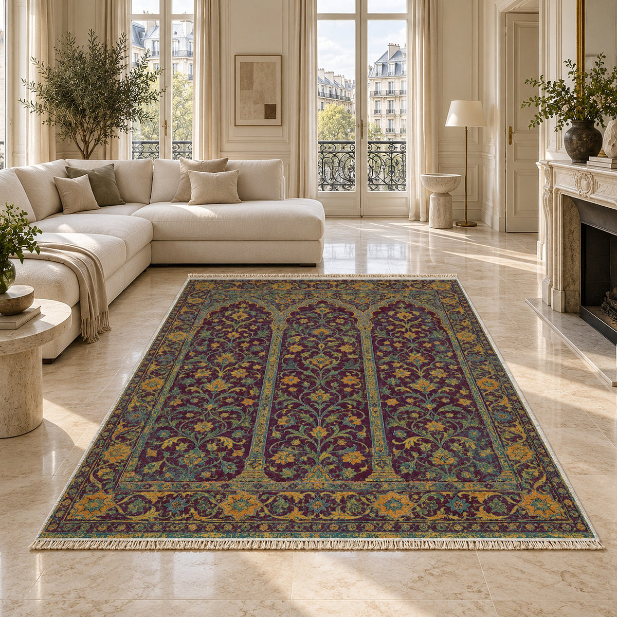 Scalloped Arcade Burgundy & Teal washable rug on a marble floor