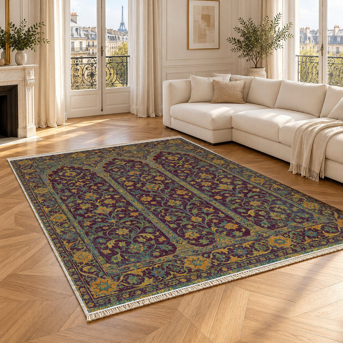 Scalloped Arcade Burgundy & Teal washable rug angled room view