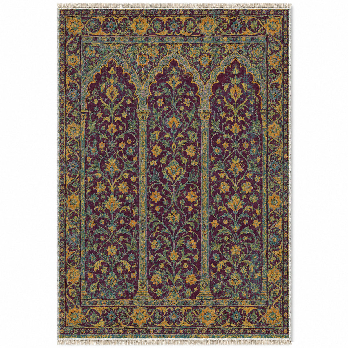 Scalloped Arcade Burgundy & Teal washable rug top view