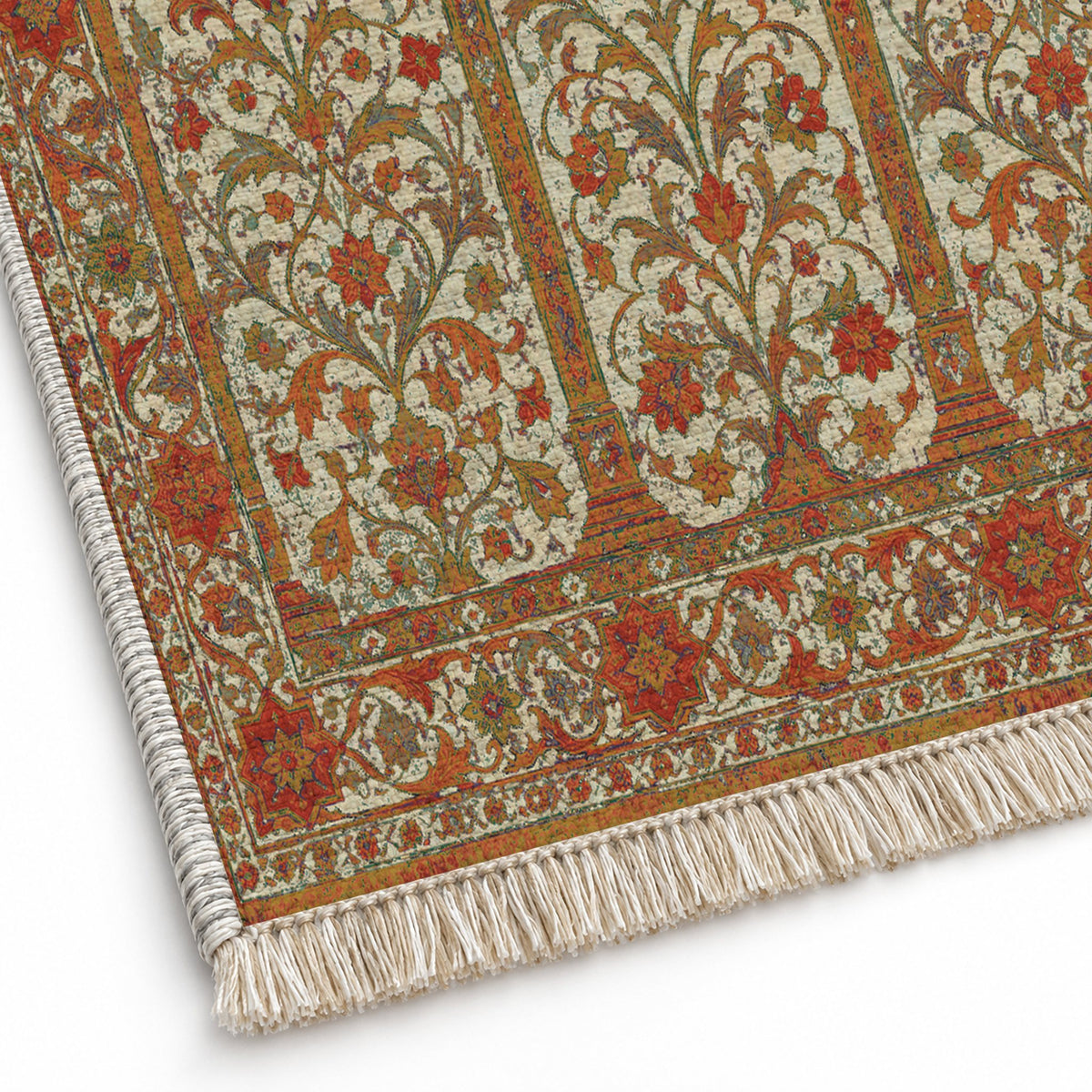 Scalloped Arcade Emerald & Terracotta washable rug close-up of the printed chenille
