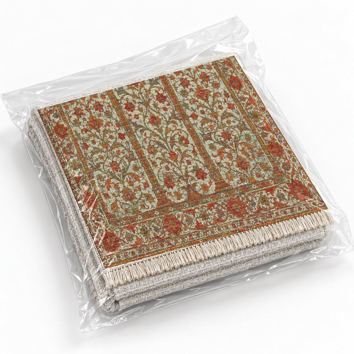 Scalloped Arcade Emerald & Terracotta washable rug rolled and packaged